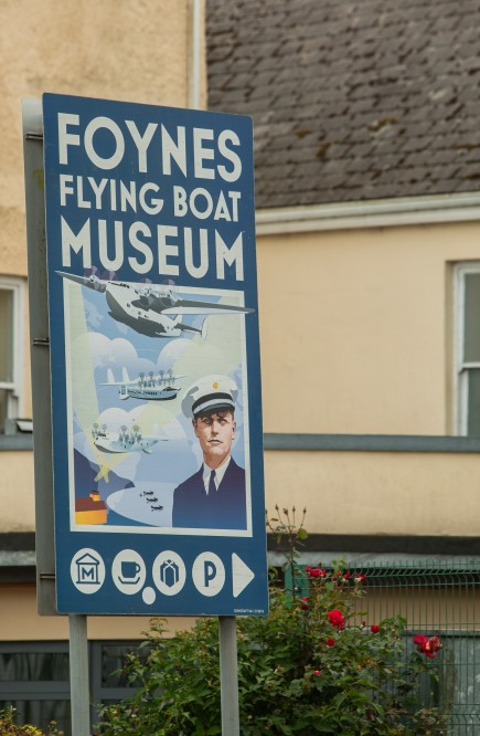 Museum sign with images of aeroplanes and a uniformed pilot.