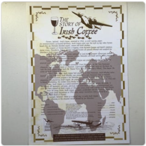 poster with world map, aeroplane, glass, and Irish coffee recipe.