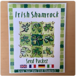 Irish shamrock seed packet with flags and green shamrocks.