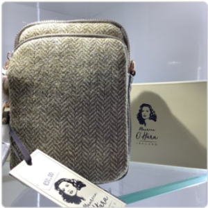 Tweed cross-body bag with tag, box, Maureen O’Hara’s face art.