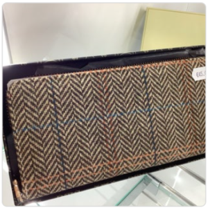 wallet, brown/beige herringbone with blue, orange lines